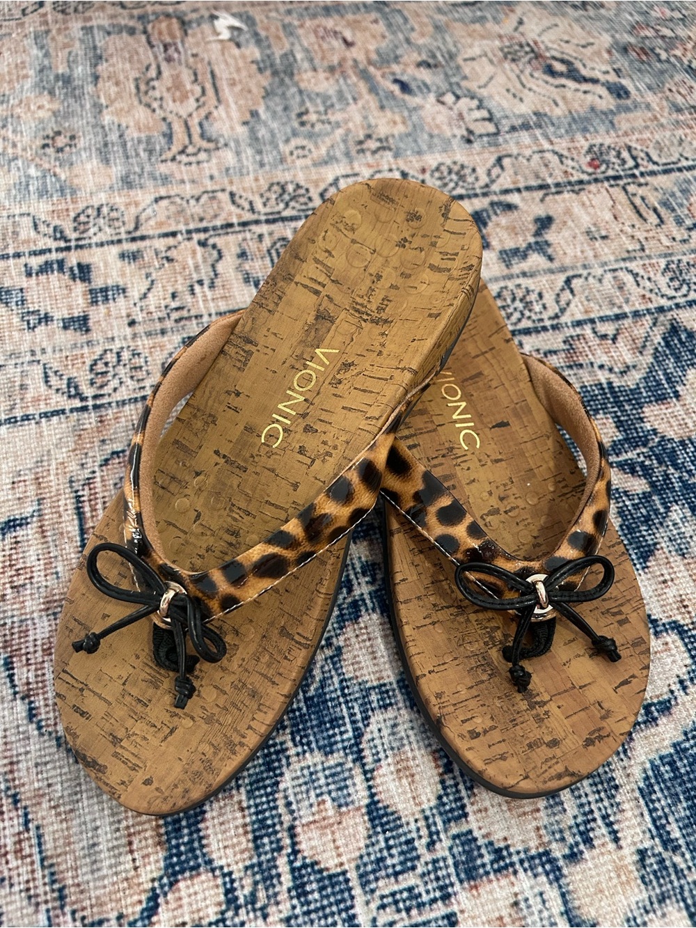 Vionic Leopard-Print Thong Sandals with Black Bow Accents